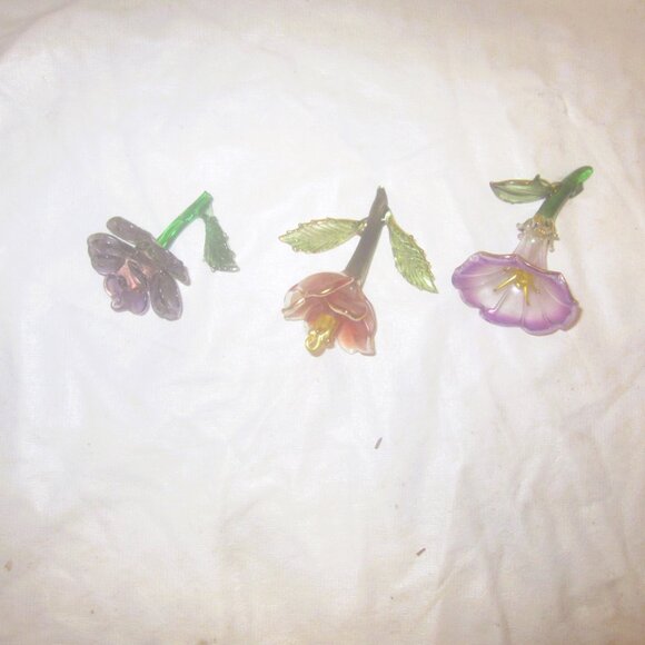 VTG SET OF 3 GLASS ART FLOWERS, HAND BLOWN AND SHAPED, LOTS OF DETAIL & COLOR - Picture 3 of 4